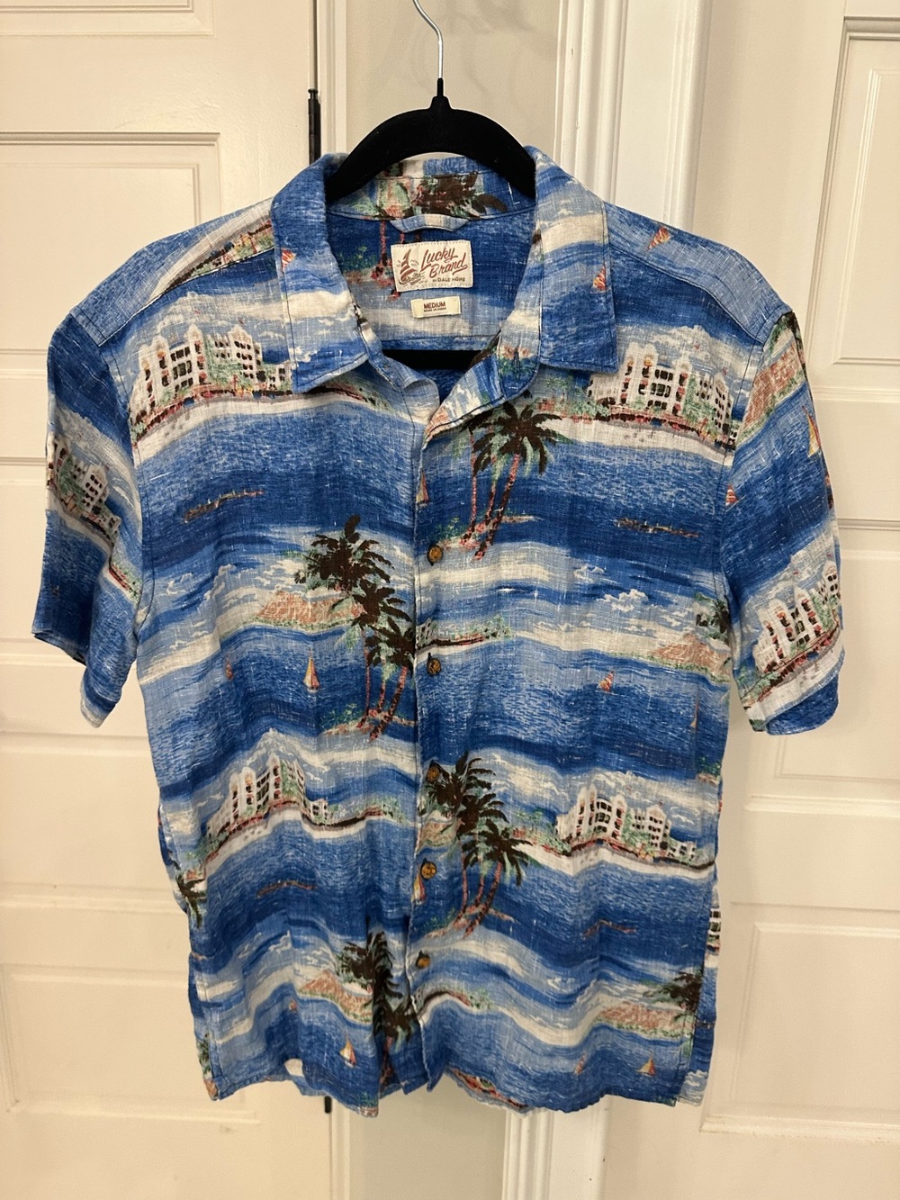 Lucky Brand by Dale Hope Linen Shirt Mens M Tropical Hawaiian Aloha Button Down